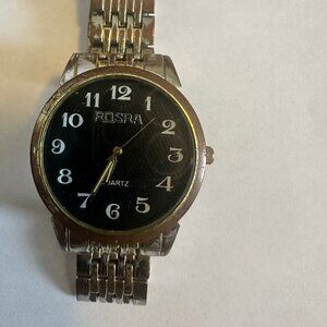 ROSRA Quartz Watch, Stainless Steel Back, Black Dial, Gold and Silver Toned